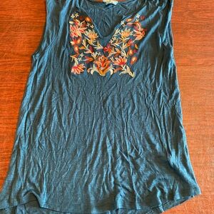 Boho Embroidered Teal Blue Sleeveless Tunic, Size L, Fleur Bleue, Good Condition